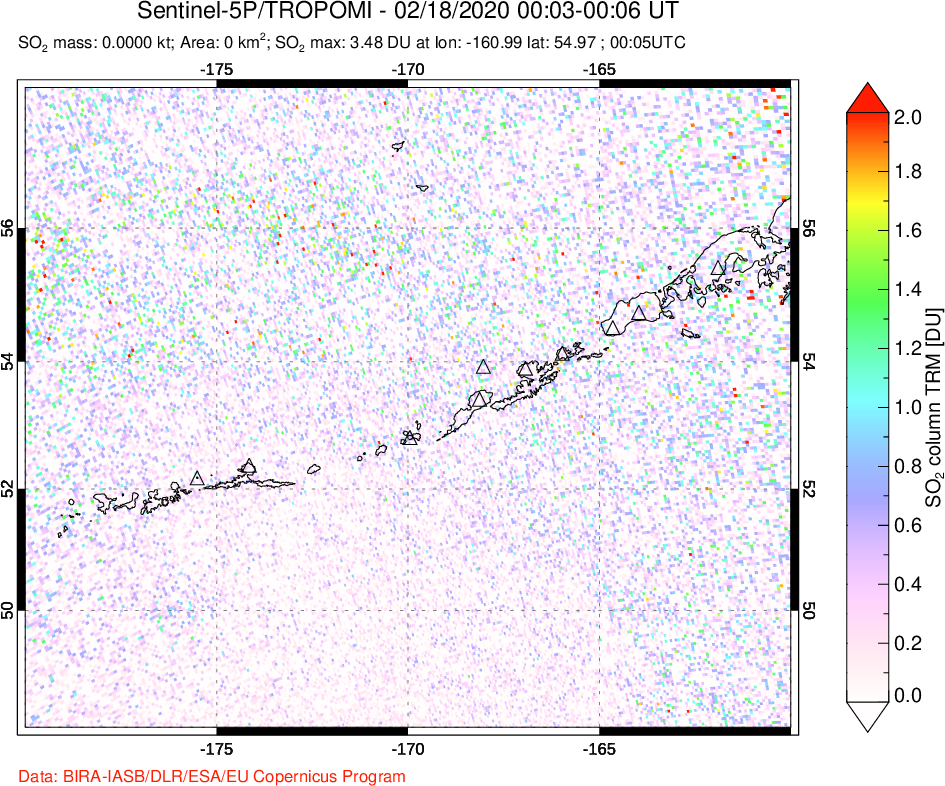 A sulfur dioxide image over Aleutian Islands, Alaska, USA on Feb 18, 2020.
