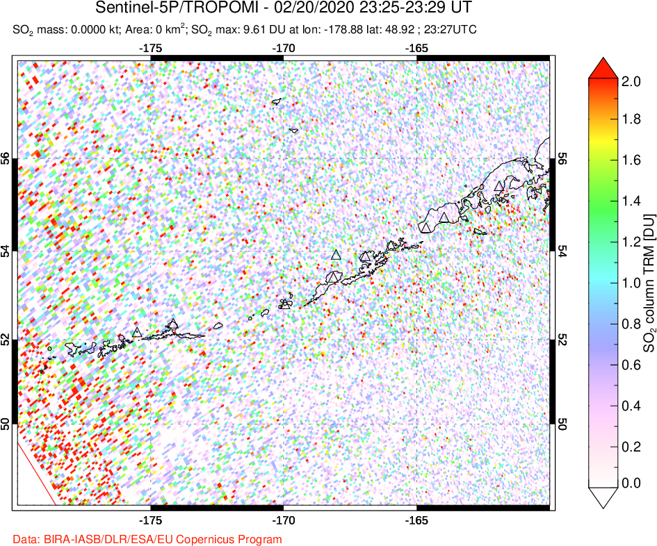A sulfur dioxide image over Aleutian Islands, Alaska, USA on Feb 20, 2020.