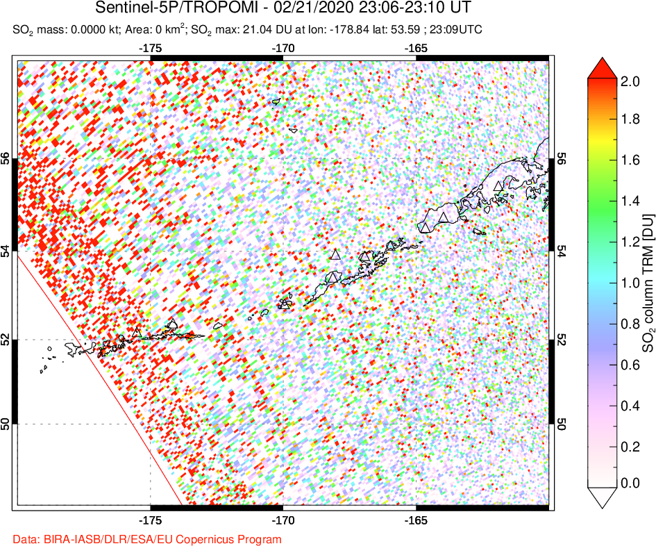 A sulfur dioxide image over Aleutian Islands, Alaska, USA on Feb 21, 2020.
