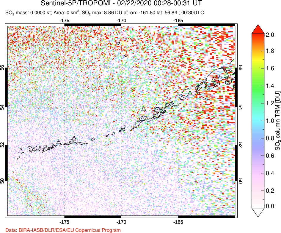 A sulfur dioxide image over Aleutian Islands, Alaska, USA on Feb 22, 2020.