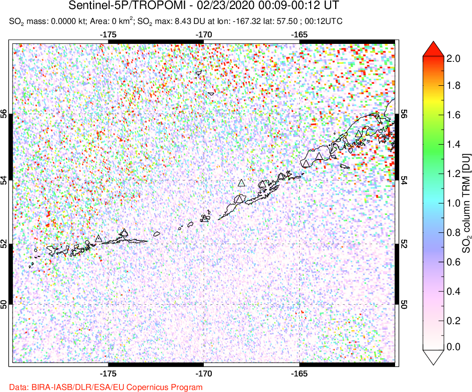 A sulfur dioxide image over Aleutian Islands, Alaska, USA on Feb 23, 2020.