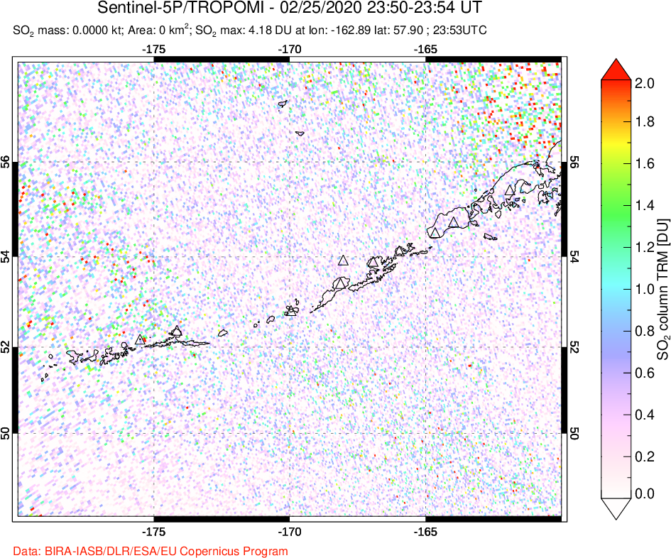 A sulfur dioxide image over Aleutian Islands, Alaska, USA on Feb 25, 2020.