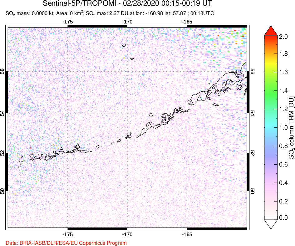 A sulfur dioxide image over Aleutian Islands, Alaska, USA on Feb 28, 2020.