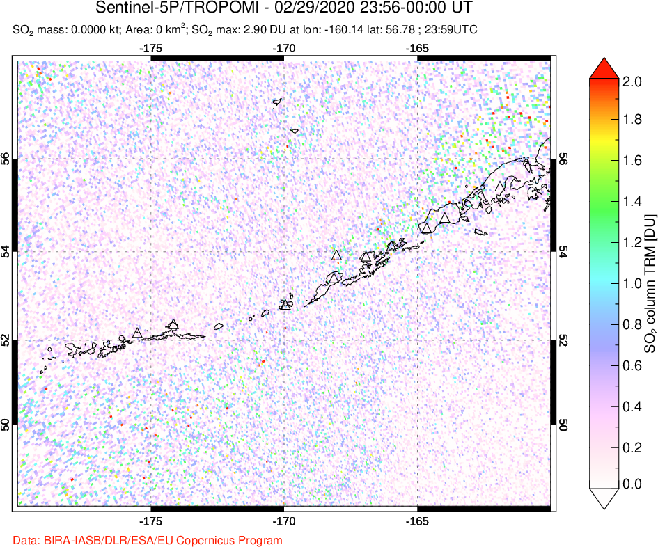 A sulfur dioxide image over Aleutian Islands, Alaska, USA on Feb 29, 2020.