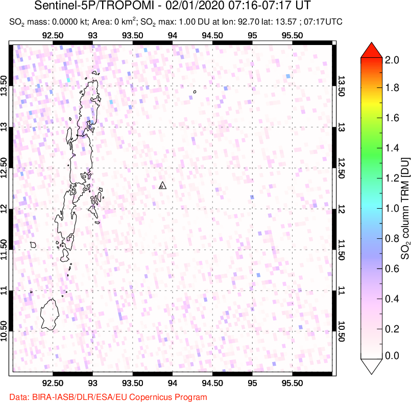 A sulfur dioxide image over Andaman Islands, Indian Ocean on Feb 01, 2020.