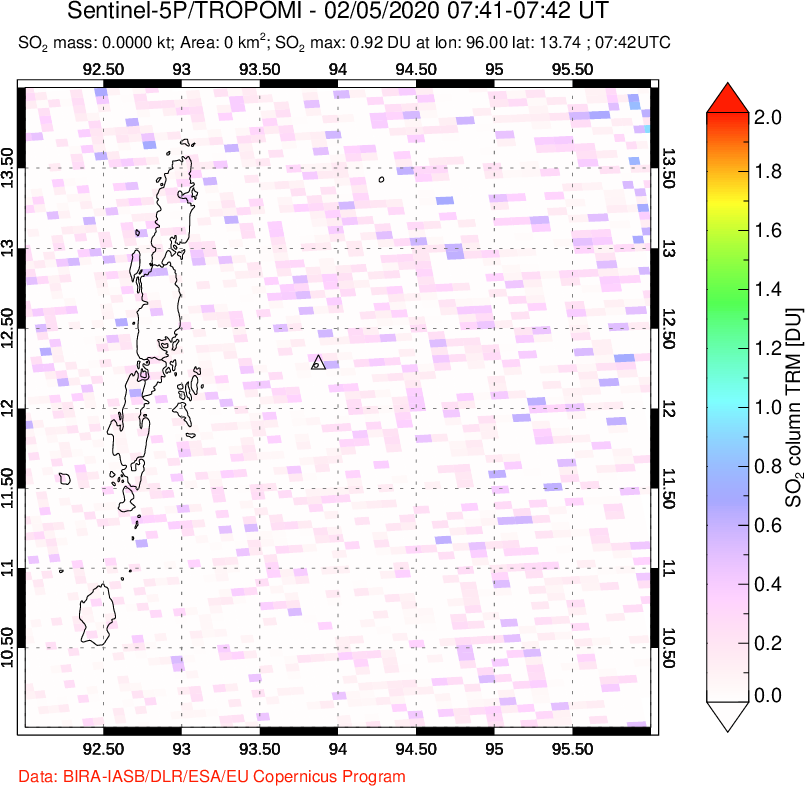 A sulfur dioxide image over Andaman Islands, Indian Ocean on Feb 05, 2020.