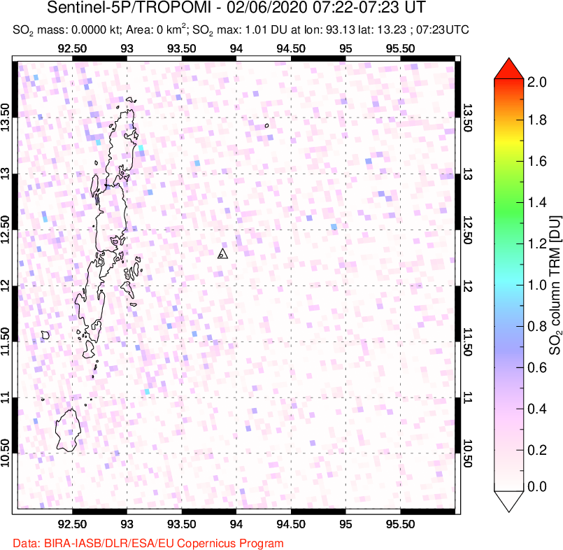 A sulfur dioxide image over Andaman Islands, Indian Ocean on Feb 06, 2020.