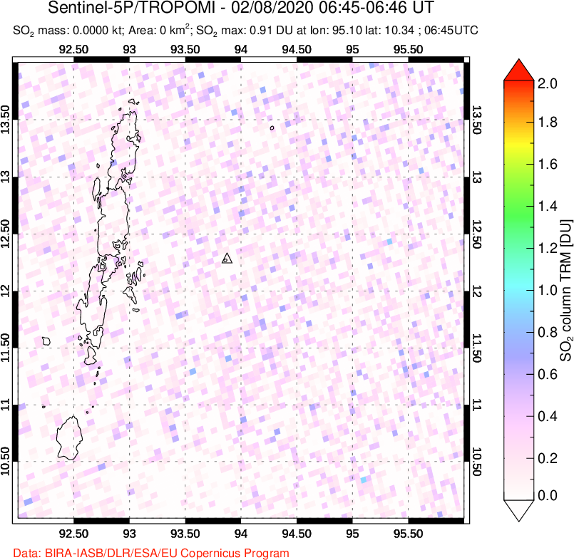 A sulfur dioxide image over Andaman Islands, Indian Ocean on Feb 08, 2020.