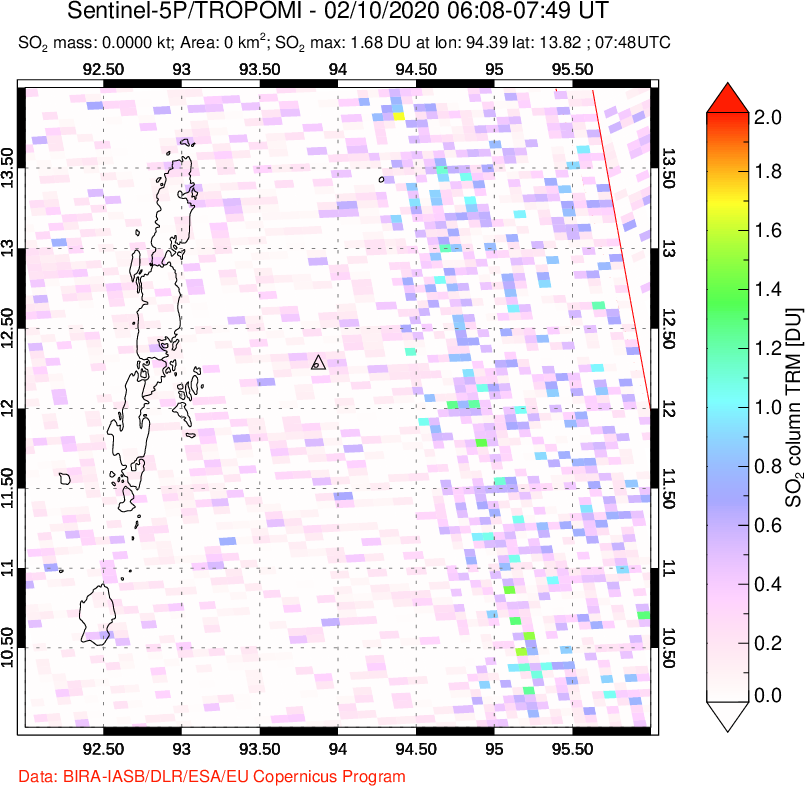 A sulfur dioxide image over Andaman Islands, Indian Ocean on Feb 10, 2020.
