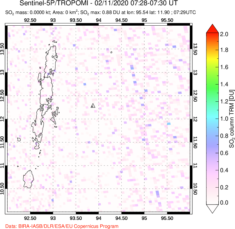 A sulfur dioxide image over Andaman Islands, Indian Ocean on Feb 11, 2020.