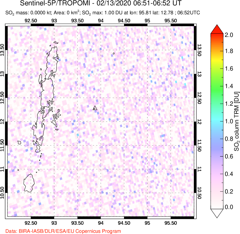 A sulfur dioxide image over Andaman Islands, Indian Ocean on Feb 13, 2020.