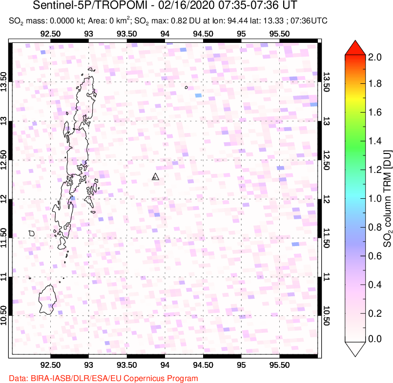 A sulfur dioxide image over Andaman Islands, Indian Ocean on Feb 16, 2020.