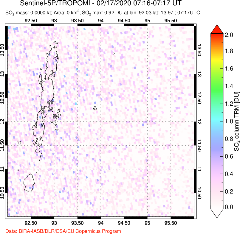 A sulfur dioxide image over Andaman Islands, Indian Ocean on Feb 17, 2020.