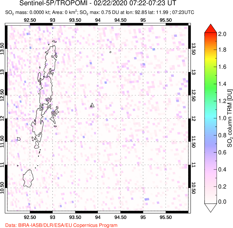 A sulfur dioxide image over Andaman Islands, Indian Ocean on Feb 22, 2020.