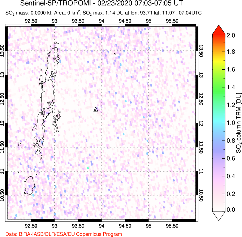 A sulfur dioxide image over Andaman Islands, Indian Ocean on Feb 23, 2020.