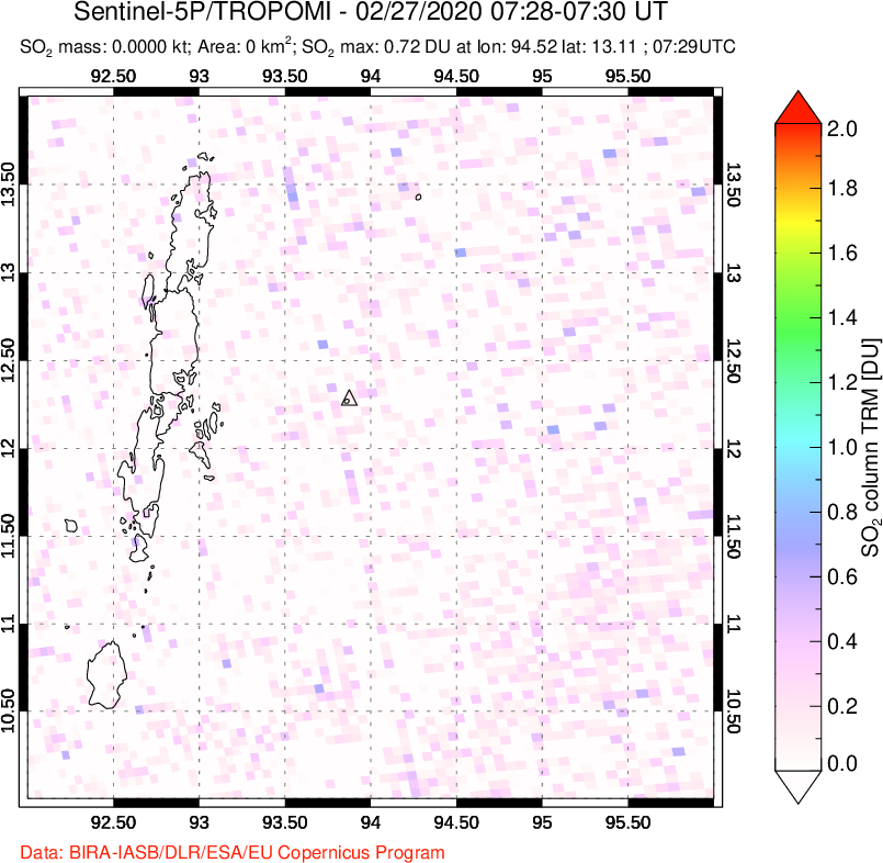 A sulfur dioxide image over Andaman Islands, Indian Ocean on Feb 27, 2020.
