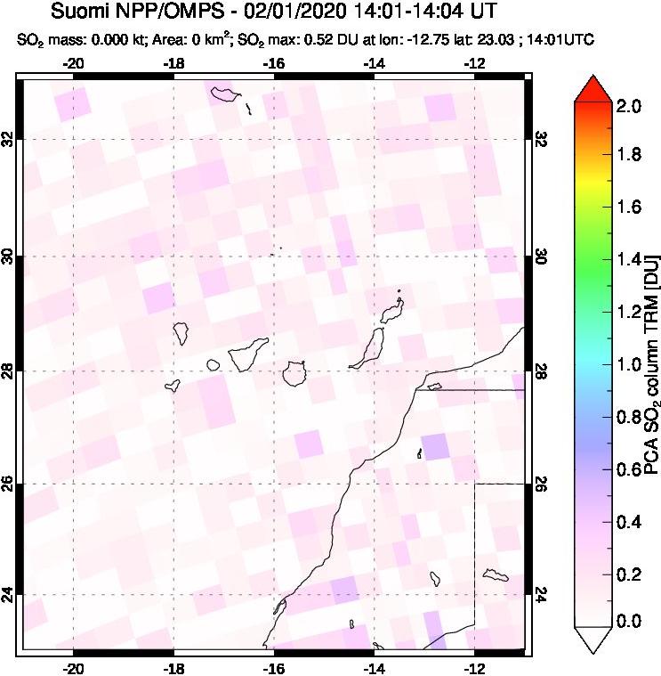 A sulfur dioxide image over Canary Islands on Feb 01, 2020.