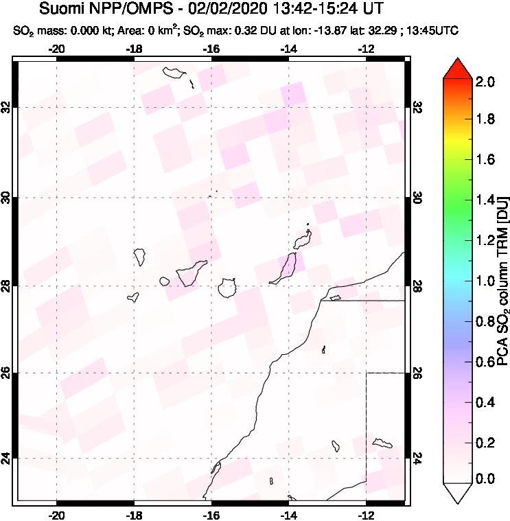 A sulfur dioxide image over Canary Islands on Feb 02, 2020.