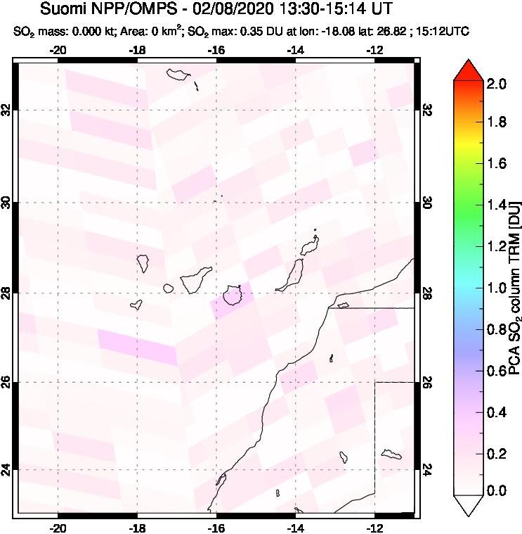 A sulfur dioxide image over Canary Islands on Feb 08, 2020.