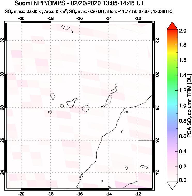 A sulfur dioxide image over Canary Islands on Feb 20, 2020.