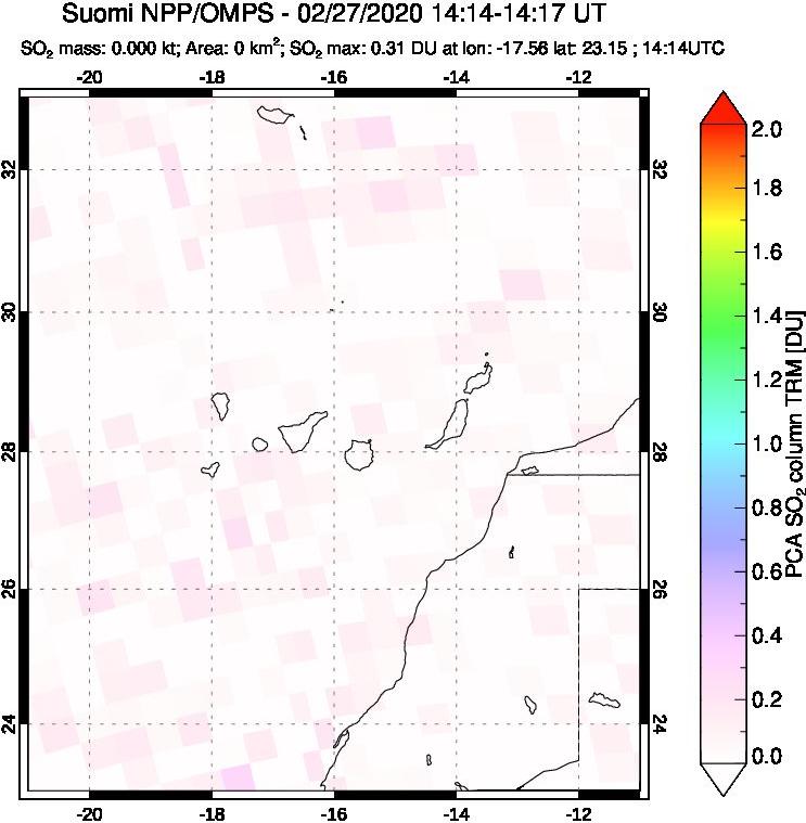 A sulfur dioxide image over Canary Islands on Feb 27, 2020.