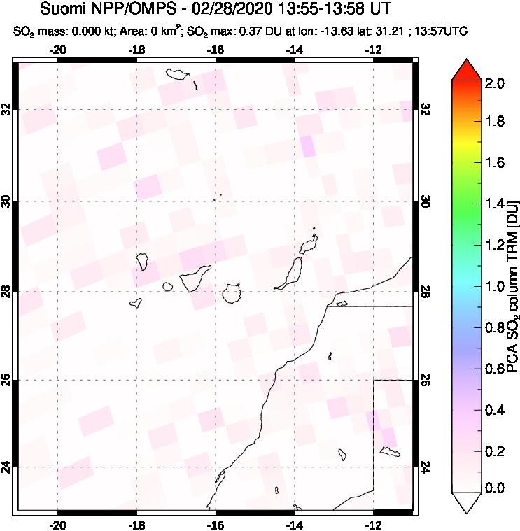 A sulfur dioxide image over Canary Islands on Feb 28, 2020.