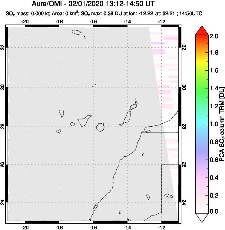 A sulfur dioxide image over Canary Islands on Feb 01, 2020.