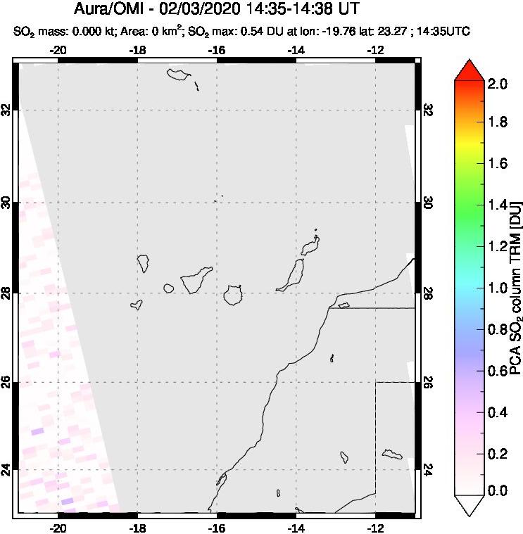 A sulfur dioxide image over Canary Islands on Feb 03, 2020.
