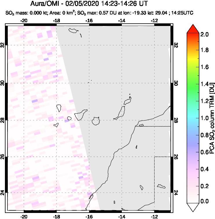 A sulfur dioxide image over Canary Islands on Feb 05, 2020.