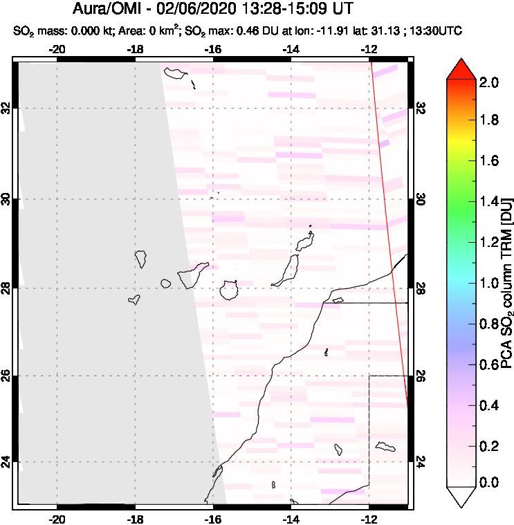 A sulfur dioxide image over Canary Islands on Feb 06, 2020.