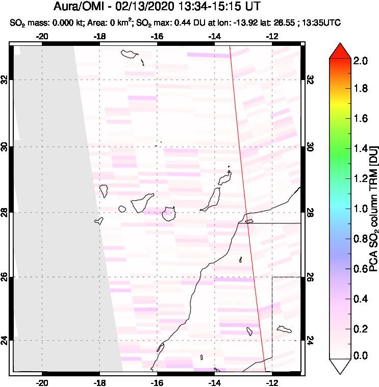 A sulfur dioxide image over Canary Islands on Feb 13, 2020.
