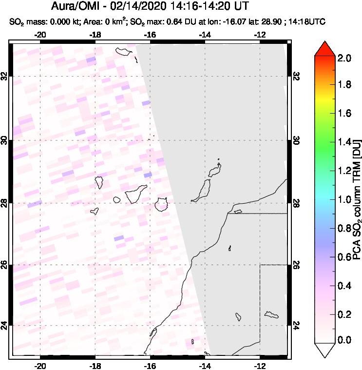 A sulfur dioxide image over Canary Islands on Feb 14, 2020.