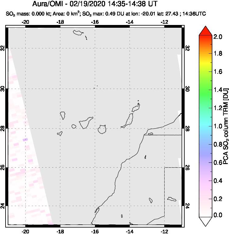 A sulfur dioxide image over Canary Islands on Feb 19, 2020.
