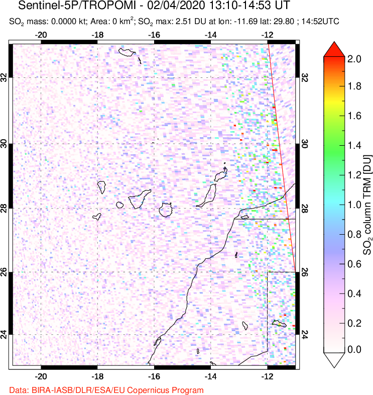 A sulfur dioxide image over Canary Islands on Feb 04, 2020.