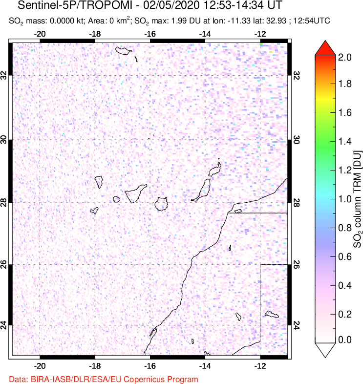 A sulfur dioxide image over Canary Islands on Feb 05, 2020.