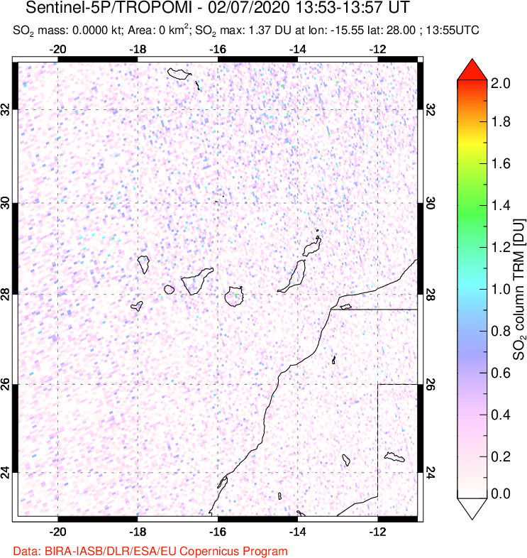 A sulfur dioxide image over Canary Islands on Feb 07, 2020.