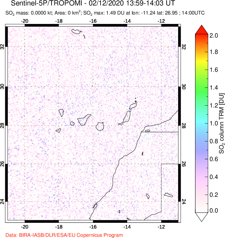 A sulfur dioxide image over Canary Islands on Feb 12, 2020.