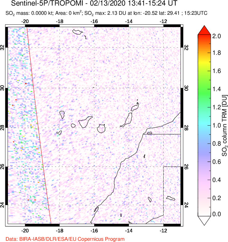 A sulfur dioxide image over Canary Islands on Feb 13, 2020.