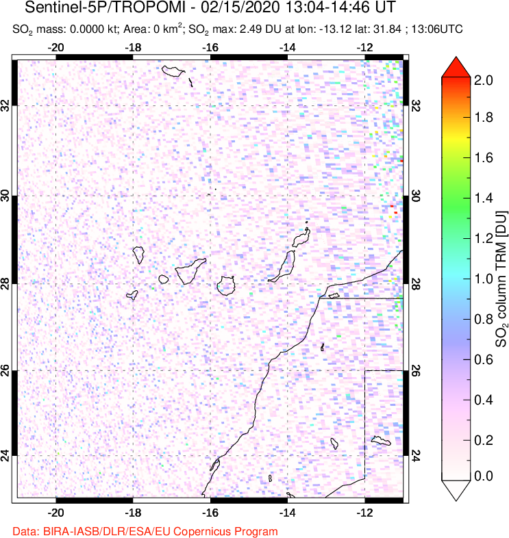 A sulfur dioxide image over Canary Islands on Feb 15, 2020.