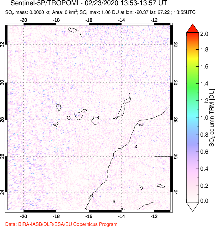 A sulfur dioxide image over Canary Islands on Feb 23, 2020.