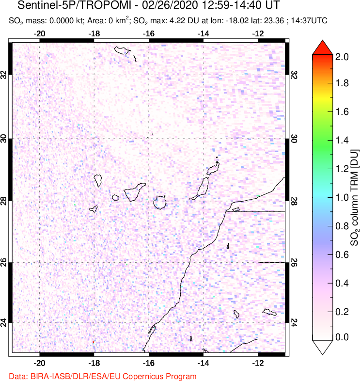 A sulfur dioxide image over Canary Islands on Feb 26, 2020.