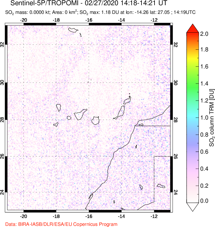 A sulfur dioxide image over Canary Islands on Feb 27, 2020.