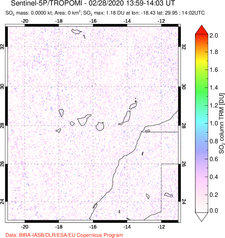 A sulfur dioxide image over Canary Islands on Feb 28, 2020.