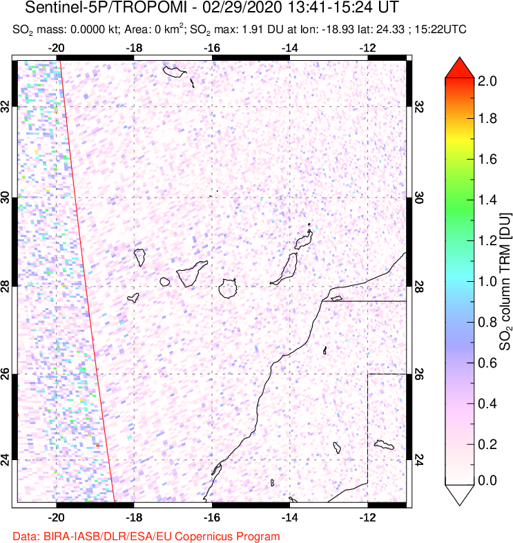 A sulfur dioxide image over Canary Islands on Feb 29, 2020.