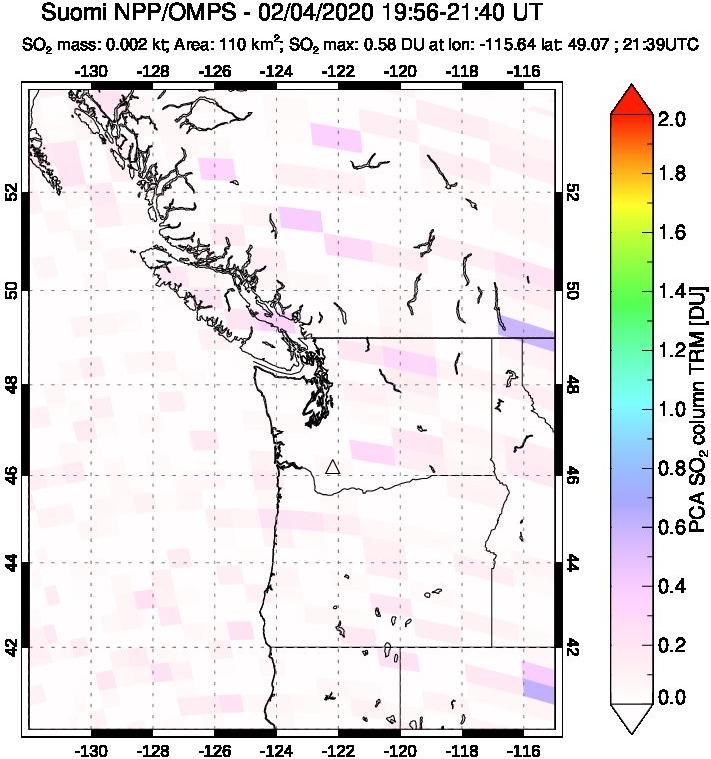 A sulfur dioxide image over Cascade Range, USA on Feb 04, 2020.