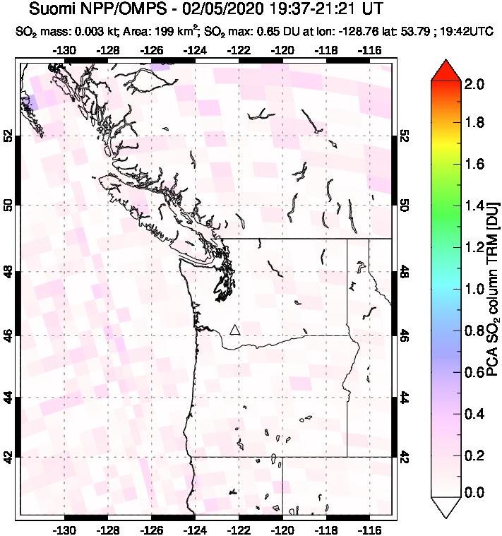 A sulfur dioxide image over Cascade Range, USA on Feb 05, 2020.
