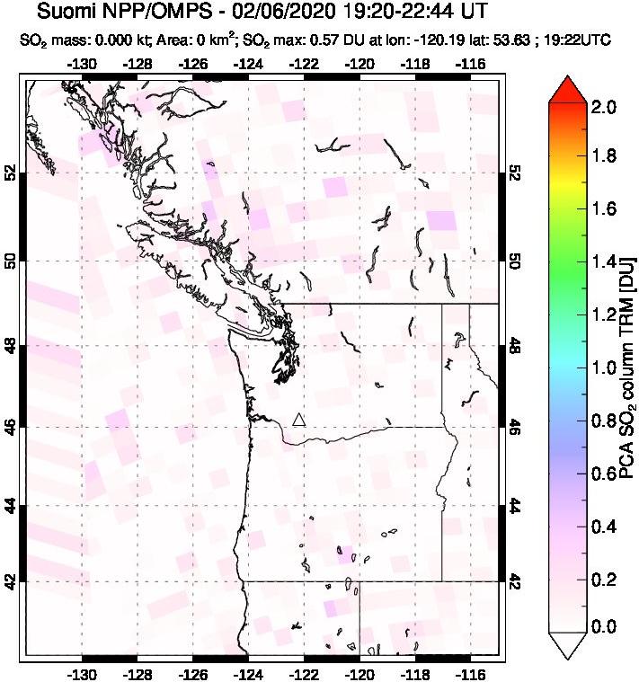 A sulfur dioxide image over Cascade Range, USA on Feb 06, 2020.
