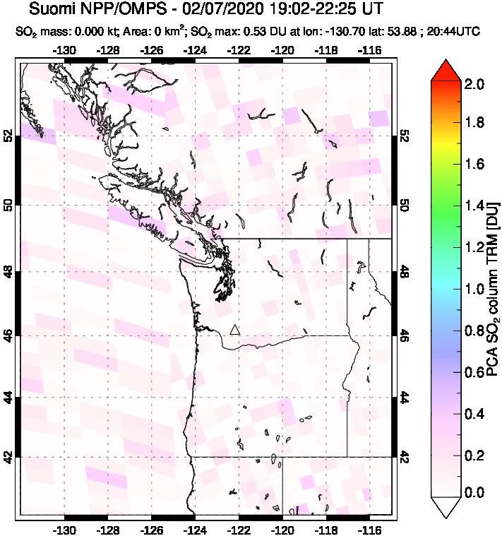 A sulfur dioxide image over Cascade Range, USA on Feb 07, 2020.