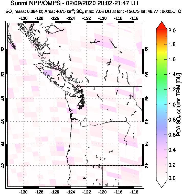 A sulfur dioxide image over Cascade Range, USA on Feb 09, 2020.
