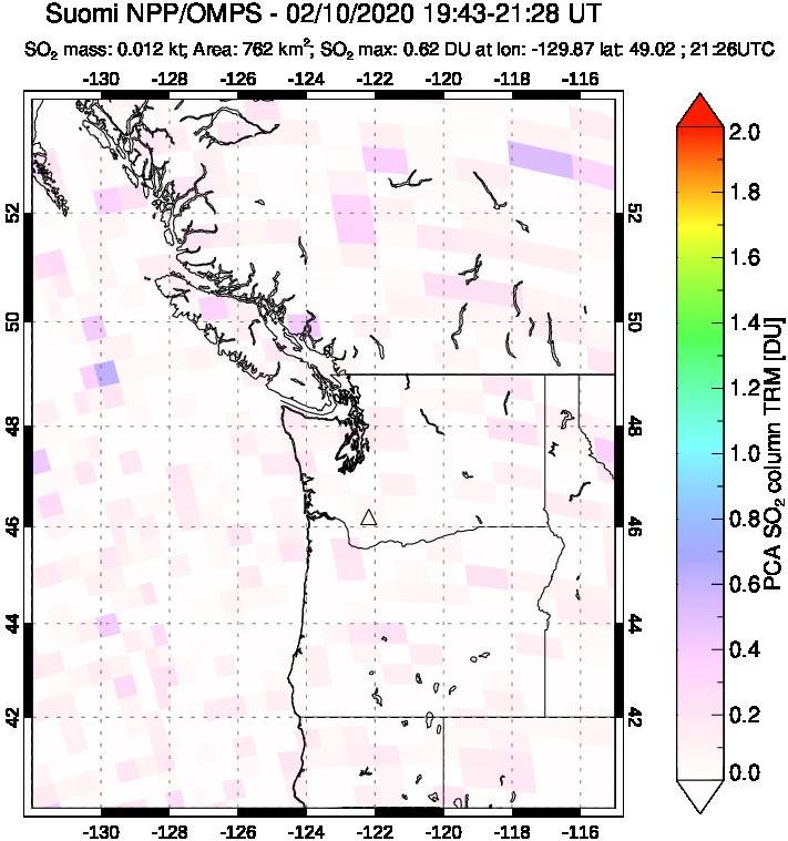 A sulfur dioxide image over Cascade Range, USA on Feb 10, 2020.